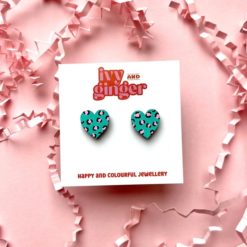 Midi Leopard Print Heart Stud Earrings in Green and Pink