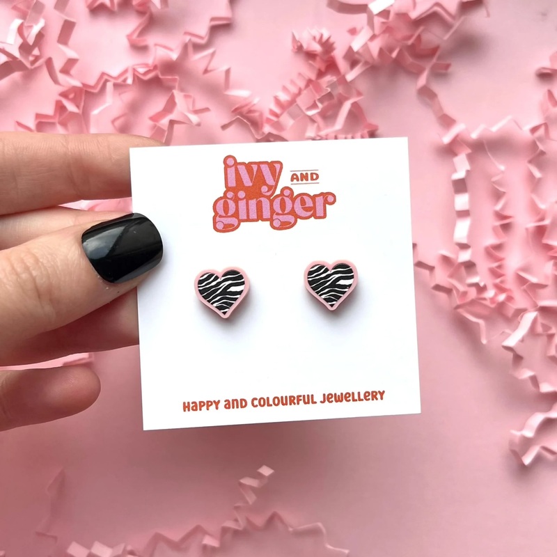 Midi Pastel Pink Zebra Print Heart Stud Earrings