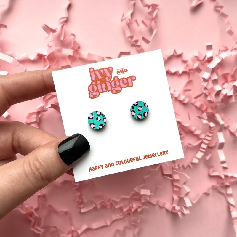 Mini Leopard Print Circle Green and Pink Stud Earrings