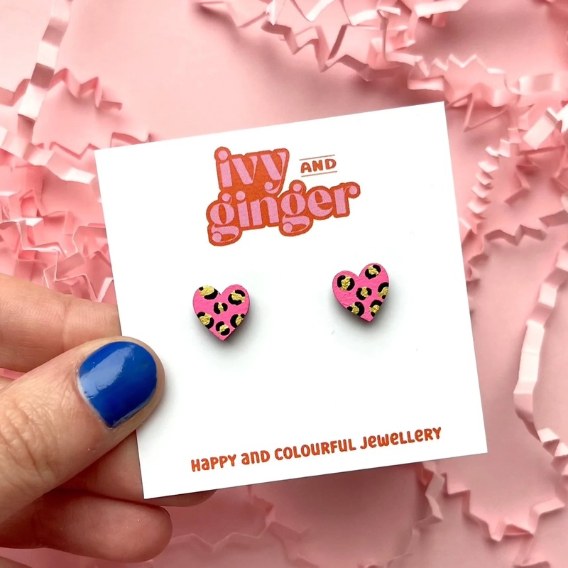 Mini Leopard Print Heart Stud Earrings in Bright Pink and Gold
