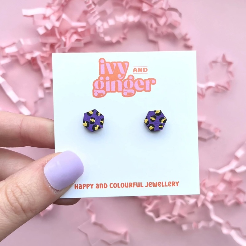 Mini Purple and Gold Hexagon Leopard Print Stud Earrings