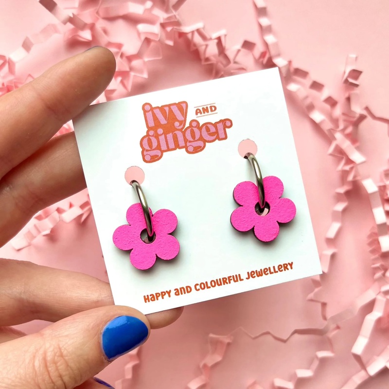 Neon Pink Flower Hoop Earrings