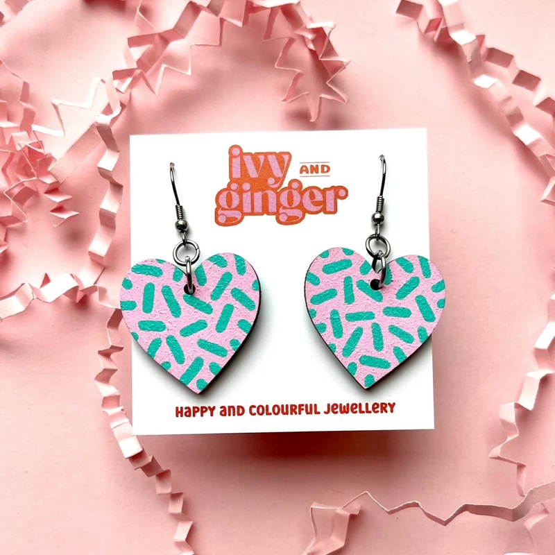 Pink and Mint Dash Drop Heart Earrings