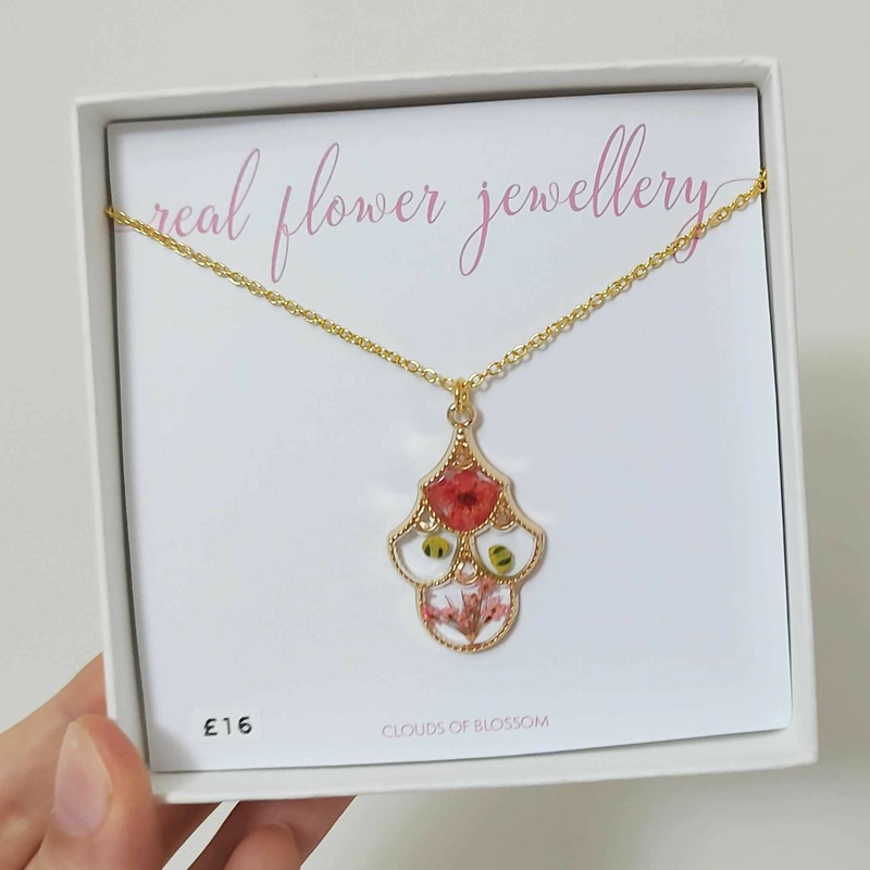 Pink and Yellow Flowers Fancy Big Gold Plated Bezel Necklace