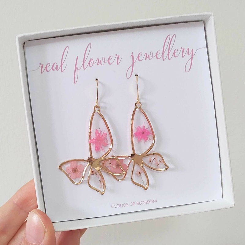 Real Pink Flower Big Butterfly Earrings Gold Plated