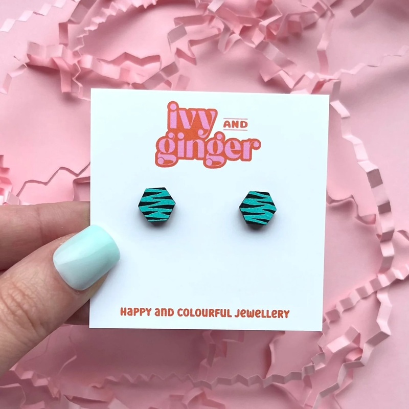 Teal and Black Zebra Print Hexagon Stud Earrings