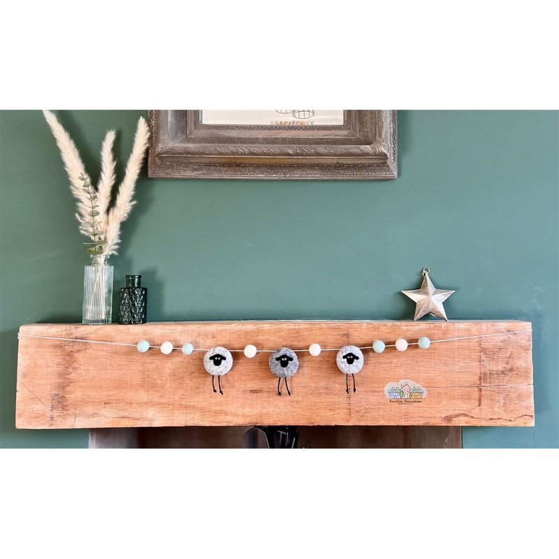 Felted Sheep Garland|Grey sheep/pink feltballs|Grey sheep/green&white felballs|Grey sheep/lemon and white feltballs|Grey Sheep/ pink and white feltballs