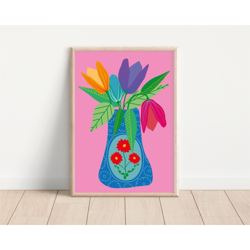 Illustrative Vase Of Tulips Print A4