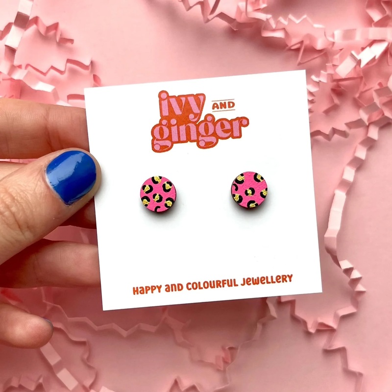 Mini Leopard Print Circle Stud Earrings in Bright Pink and Gold