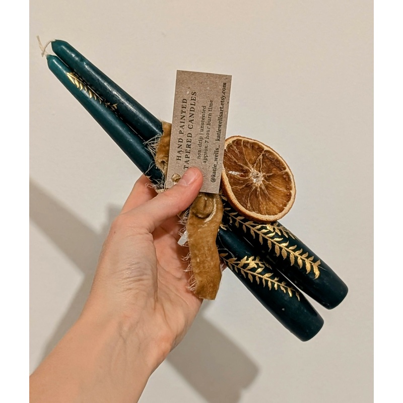 Pair of Hand Painted Christmas Taper Candles in Green and Gold