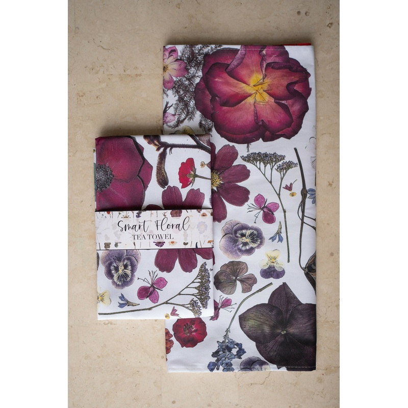 Pressed Flower Tea Towel|Black multicoloured|White multicoloured|Green leaves|Pinks & purple|Black & yellow