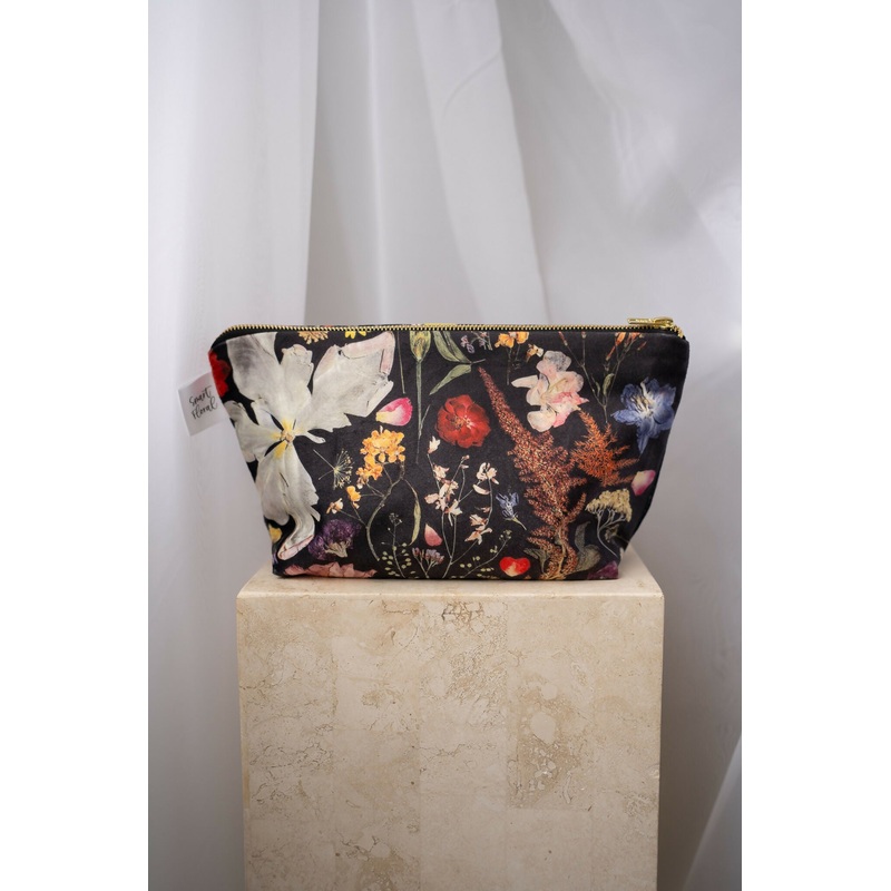 Wash Bag|Black multicoloured|Green leaves|Pinks & purple