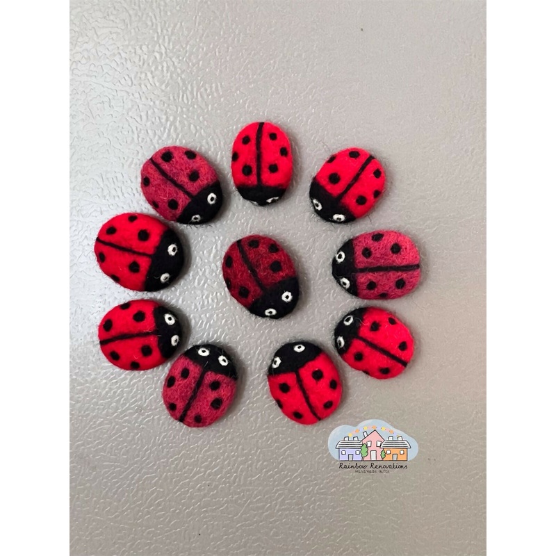 Felted Ladybird Magnet|Red|Lilac|Jade green|Grey|Aqua blue|Lime green|Dark red|Pink|Mustard