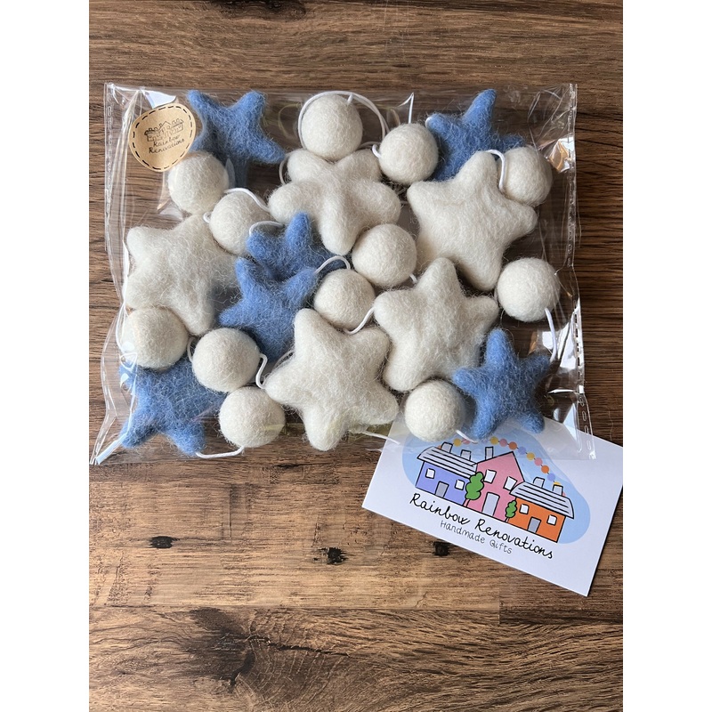 Felted Star Garland|Blue stars|White&blue stars|Pink|Pink/Lilac|Green|Dark pink|Pale blue|Pale pink|Pastel Rainbow|Rainbow|Yellow/grey