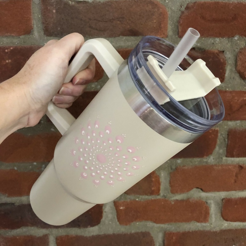 Hand Painted Dot Mandala Stanley-Style Cup With Straw: Cream with Baby Pink