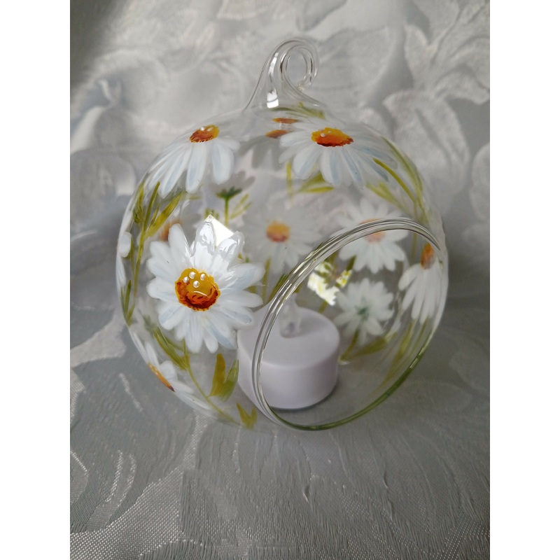 Hand Painted Glass Bauble Candle Holder with Daisies