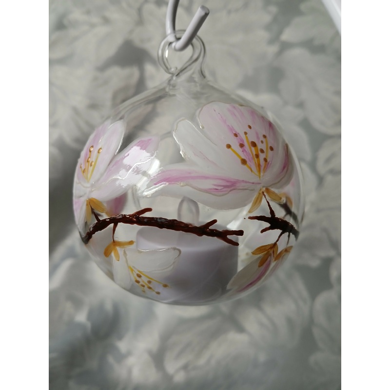 Hand Painted Glass Bauble with Cherry Blossom