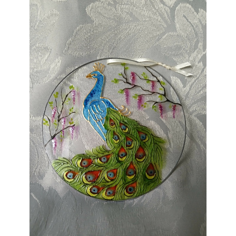 Hand Painted Glass Plaque – Peacock