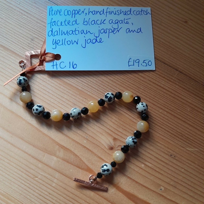 Pure Copper Hand Finished Catch, Bracelet with Faceted Black Agate, Dalmatian Jasper and Yellow Jade.