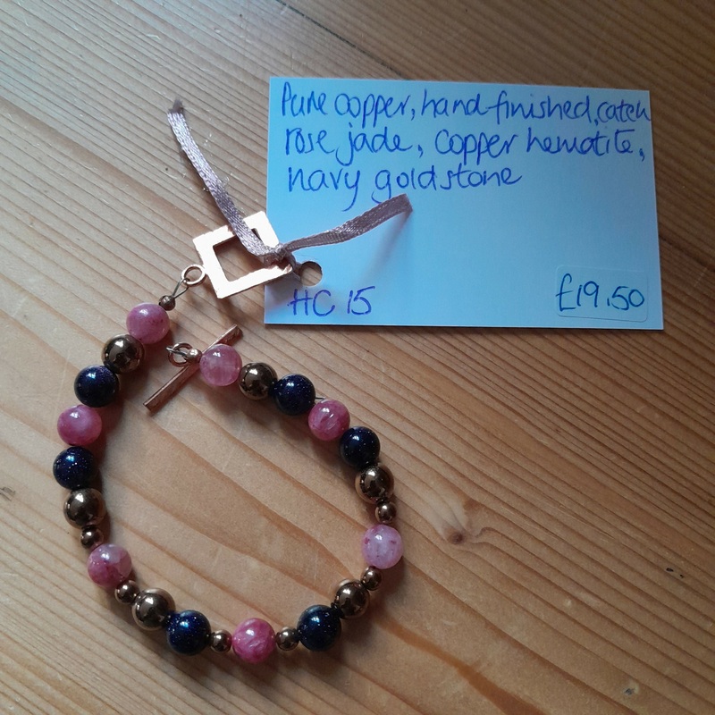Pure Copper, Hand Finished Catch Bracelet with Rose Jade, Copper Hematite and Navy Goldstone.