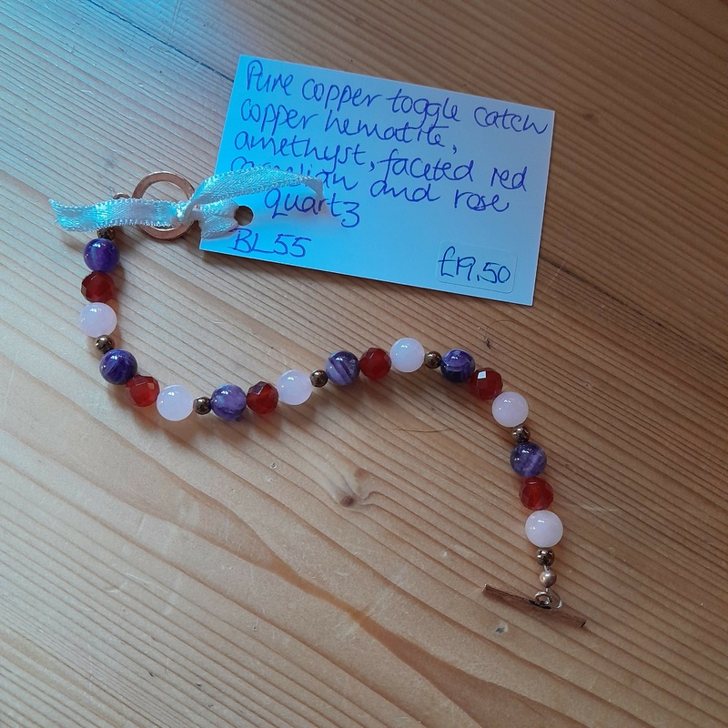 Pure Copper Toggle Catch Bracelet, with Copper Hematite, Amethyst, Faceted Red Carnelian and Rose Quartz.
