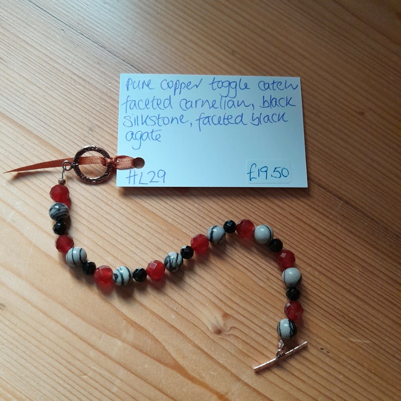 Pure Copper Toggle Catch Bracelet with Faceted Carnelian, Black Silkstone and Faceted Black Agate.