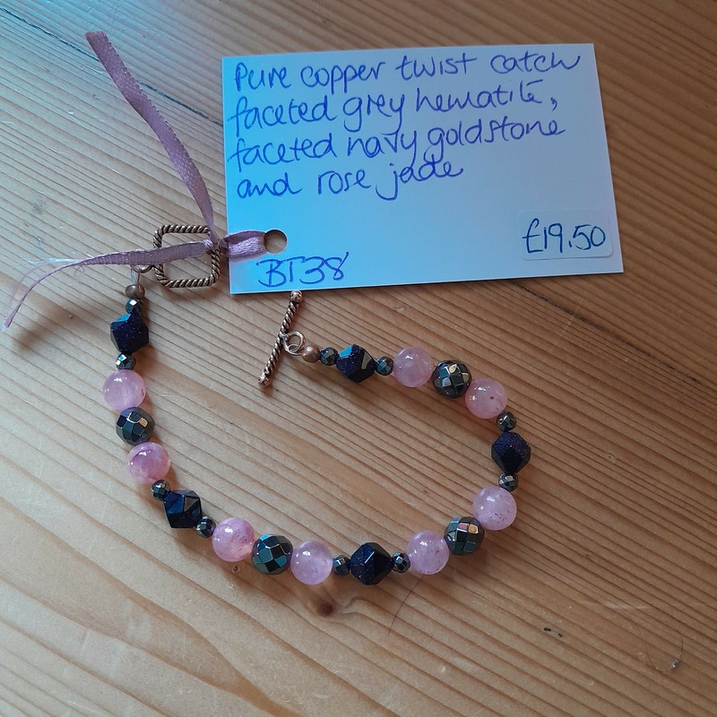 Pure Copper Toggle Catch Bracelet, with Faceted Grey Hematite, Faceted Navy Goldstone and Rose Jade.