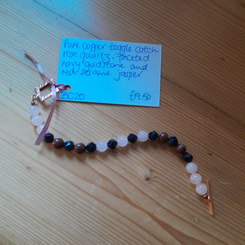 Pure Copper Toggle Catch Bracelet with Rose Quartz, Faceted Navy Goldstone and Red Sesame Jasper.