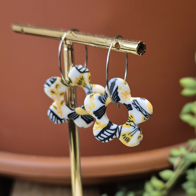 Yellow, Black And White Millefiori Flower Hoop Earrings