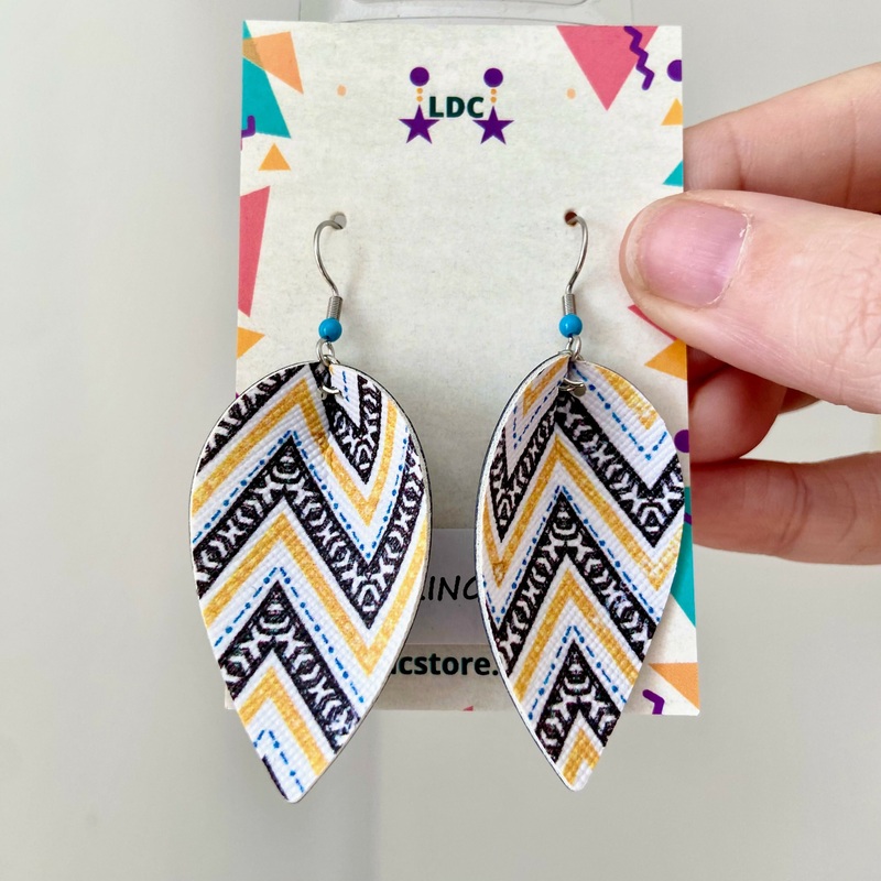Black Yellow Zig Zag Print Pinched Leaf Earrings