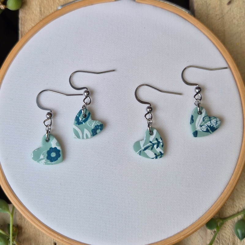Blue Leaf Print Heart Dangle Earrings