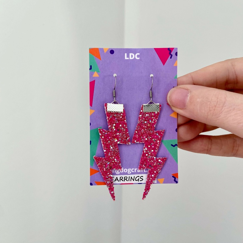 Flash Lightning Bolt Earrings in Pink Sliver Confetti Glitter