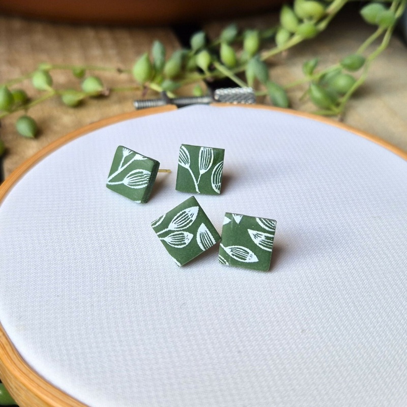 Green Leaf Print Square Stud Earrings