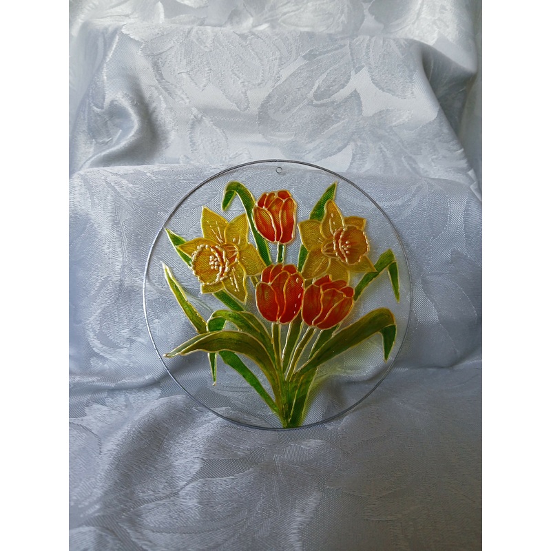 Hand Painted Glass Plaque Suncatcher with Daffodils and Tulips