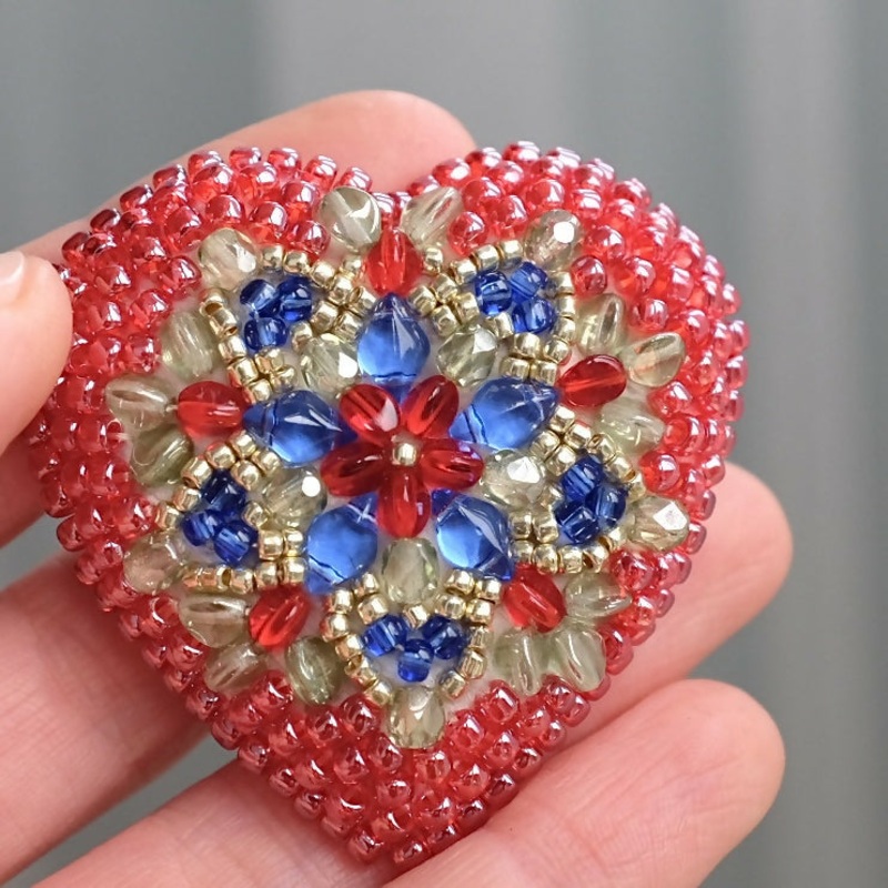 Red and Blue Bead Embroidered Heart Brooch