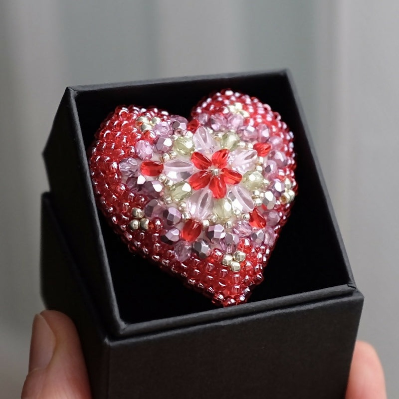 Red and Pink Bead Embroidered 3D Heart