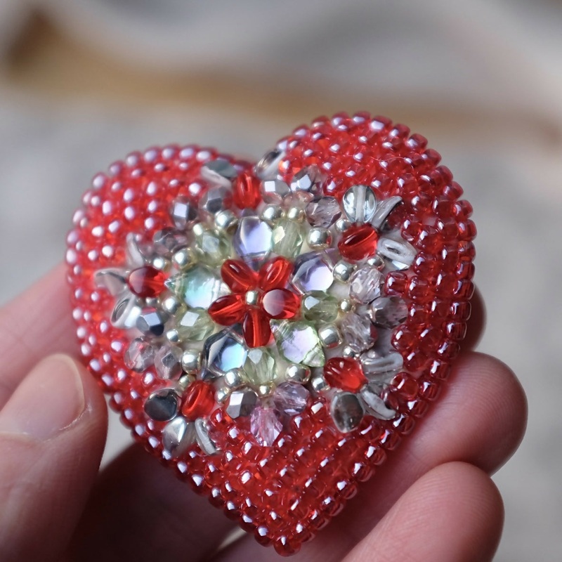 Red and Pink Bead Embroidered Heart Brooch