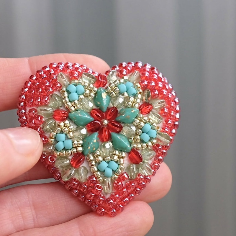 Red and Teal Bead Embroidered Heart Brooch