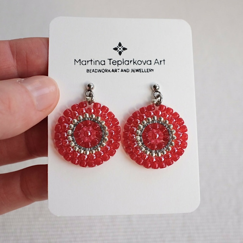 Red Bead Woven Disc Earrings