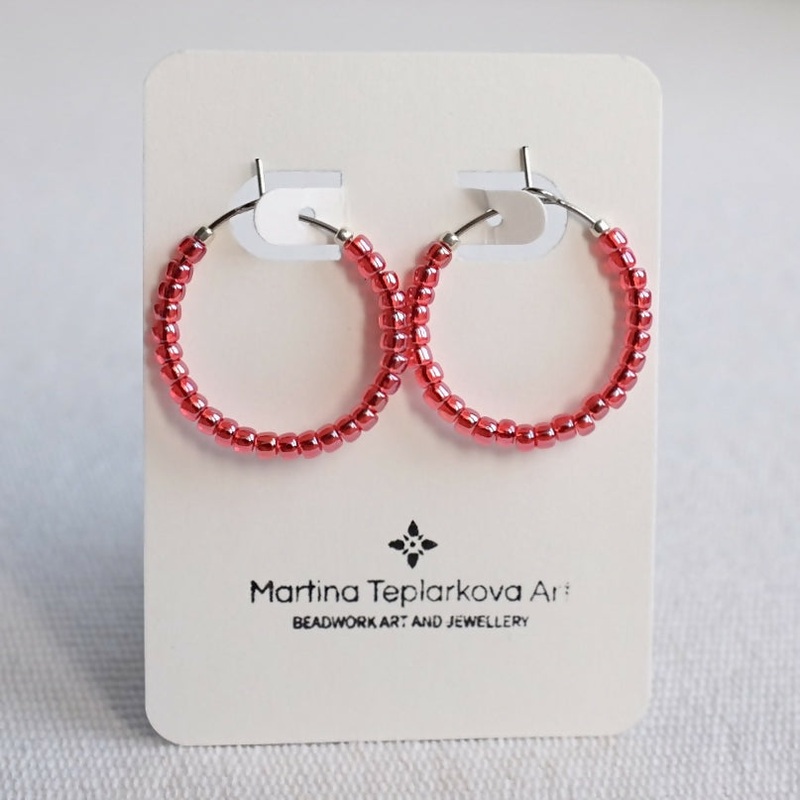 Red Beaded Hoop Earrings