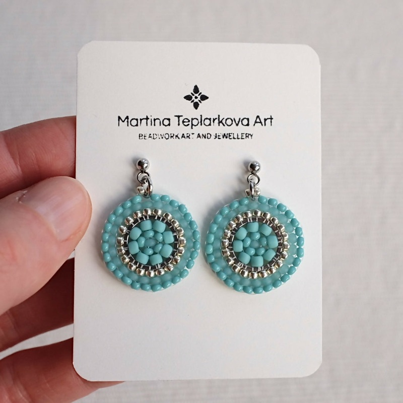 Teal Bead Woven Disc Earrings