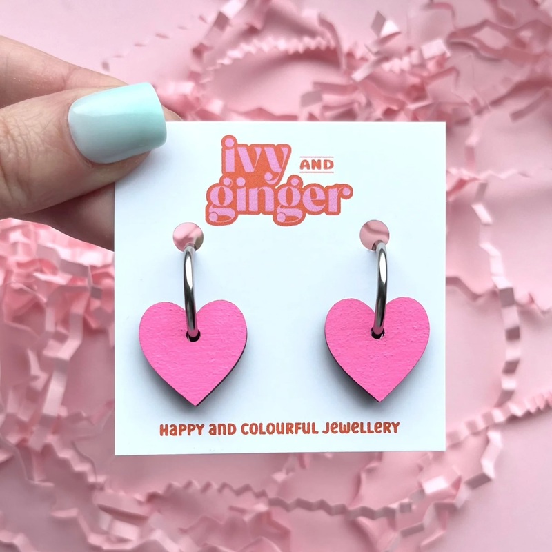 Bright Pink Heart Shaped Hoop Earrings