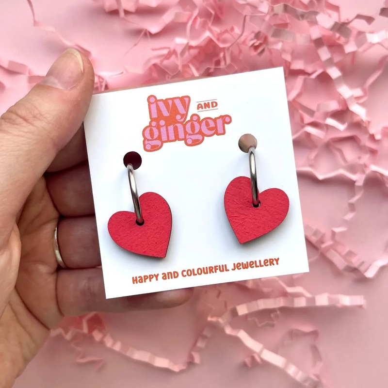 Bright Red Small Heart Hoop Earrings