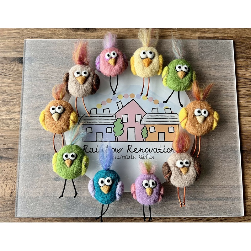 Felted Quirky Bird Magnet|Brown|Green|Pink|Lilac|Turquoise|Yellow/blue|Orange|Burnt orange|Purple|Mustard|Red/orange|Green/mint