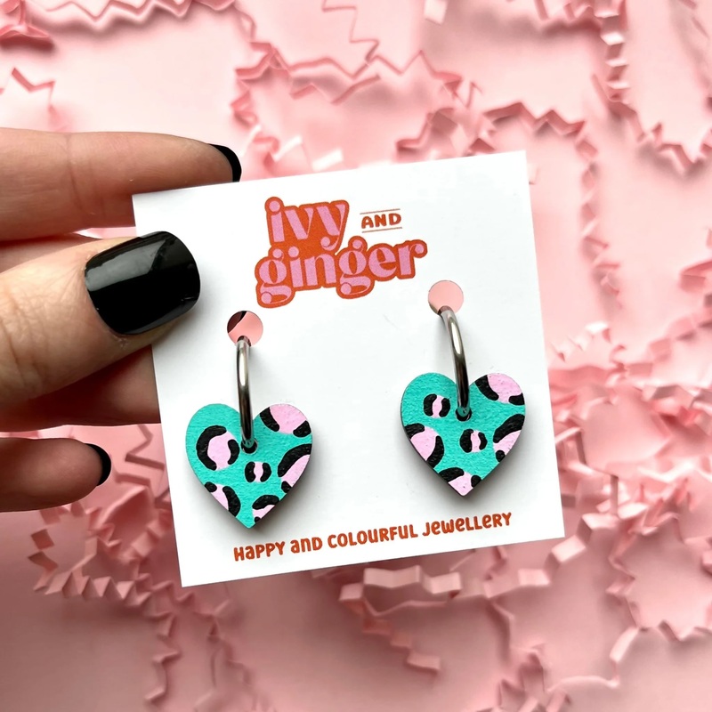 Green and Pink Leopard Print Small Heart Hoop Earrings