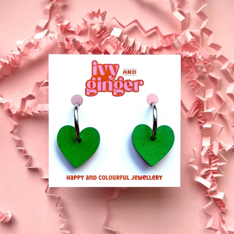 Green Heart Shaped Hoop Earrings