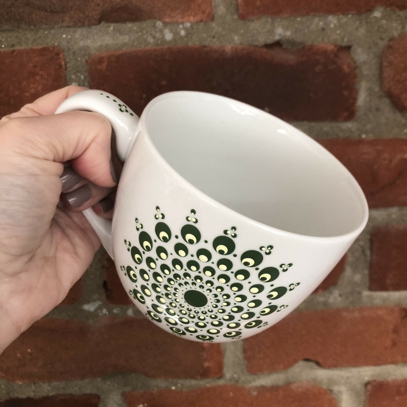 Hand Painted Dot Mandala Large Mug: Deep Green with Cream
