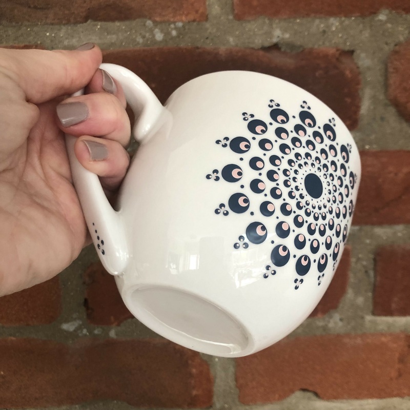 Hand Painted Dot Mandala Large Mug: Navy and Baby Pink