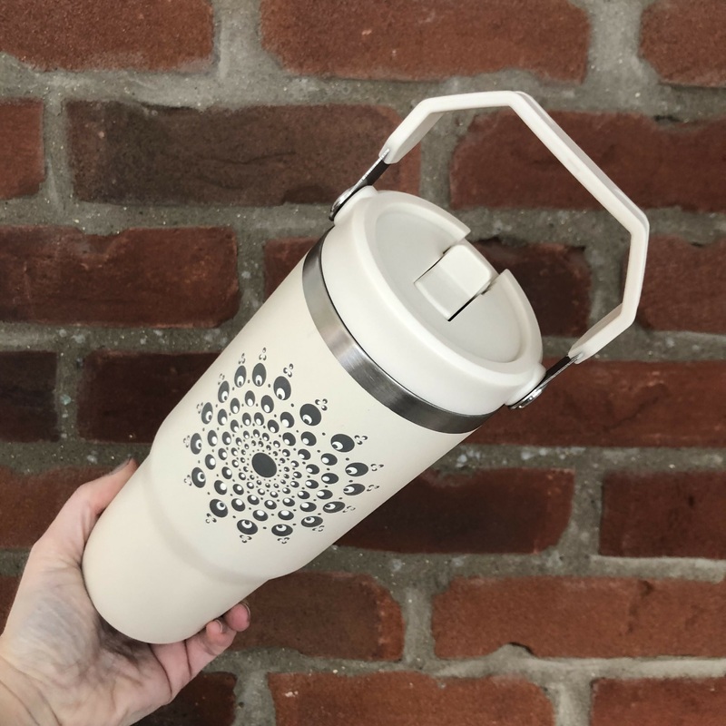 Hand Painted Dot Mandala Thermal Water Bottle with Handle: Cream with Grey