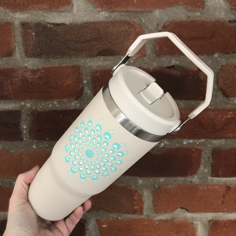 Hand Painted Dot Mandala Thermal Water Bottle with Handle: Cream with Mint